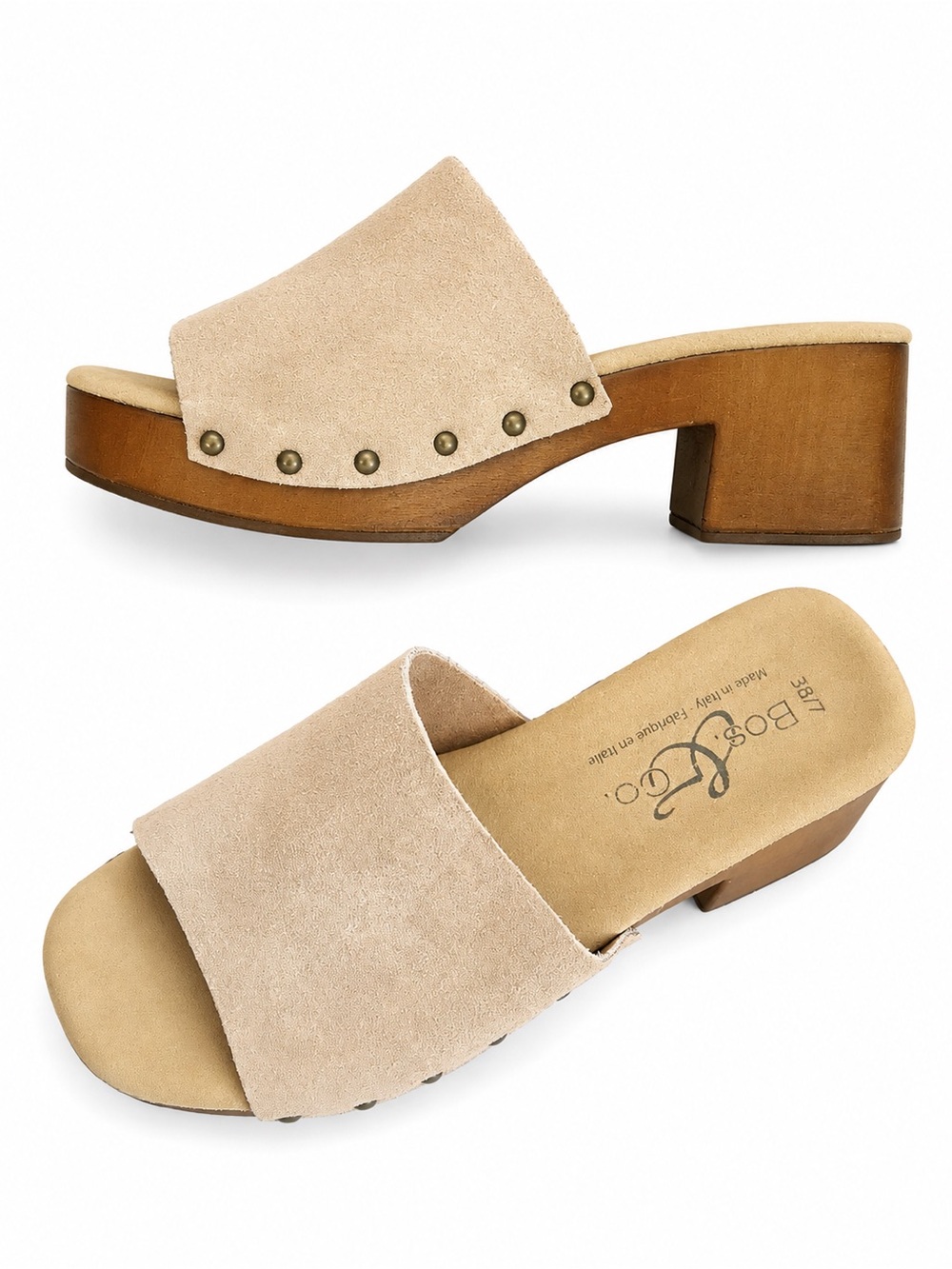Bos & Co. Marly Beige Suede Slide Sandal with Wood Block Heel NWT